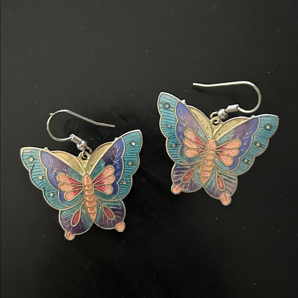 Vintage Gold Toned Enamel Butterfly Earrings